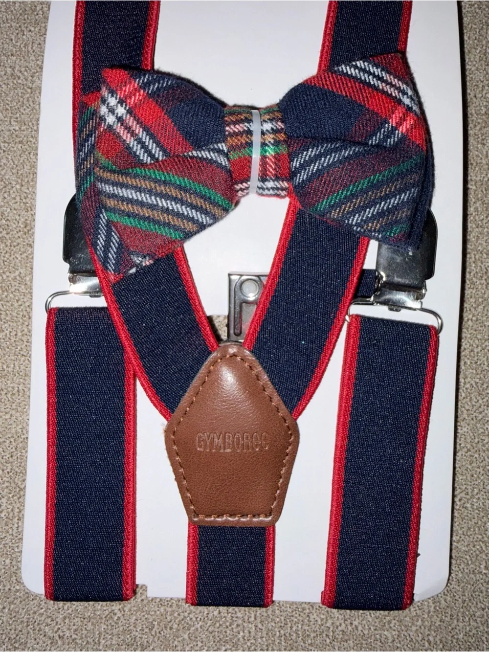 Gymboree Navy and Red Striped Suspenders with Plaid Bow Tie boy size 10-12